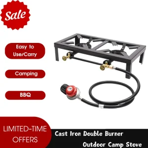 Portable Double Burner Camp Stove | Cast Iron Propane BBQ Cooker